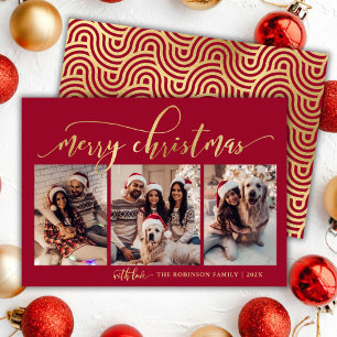 Cartes Pour Fêtes Annuelles Élégant Rouge et Gold Script 3 photo Noël