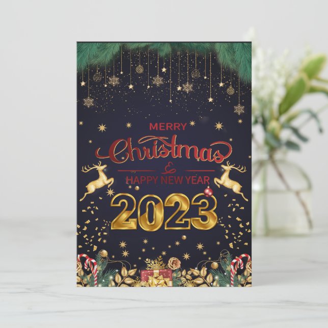 Cartes Pour Fêtes Annuelles Élégant Rouge Et Or Joyeux Noël 2023 (Debout devant)