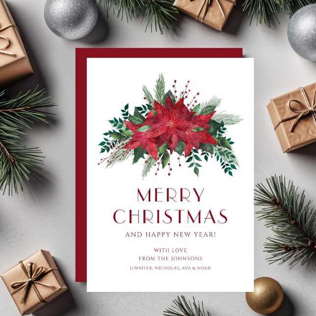 Cartes Pour Fêtes Annuelles Élégant Rouge Floral Poinsettia Joyeux Noël (Elegant Red Floral Poinsettia Merry Christmas Holiday Card)