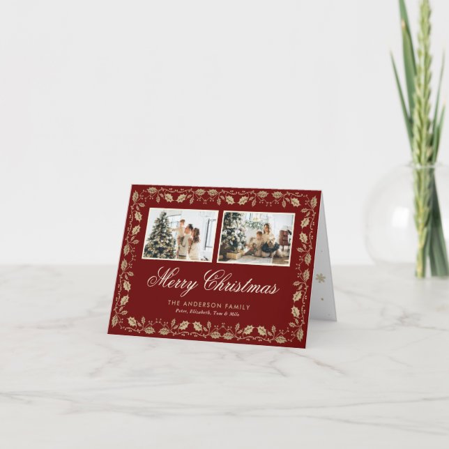 Cartes Pour Fêtes Annuelles Elégant Rouge Gold Photo Joyeux Noël Plié (Devant)