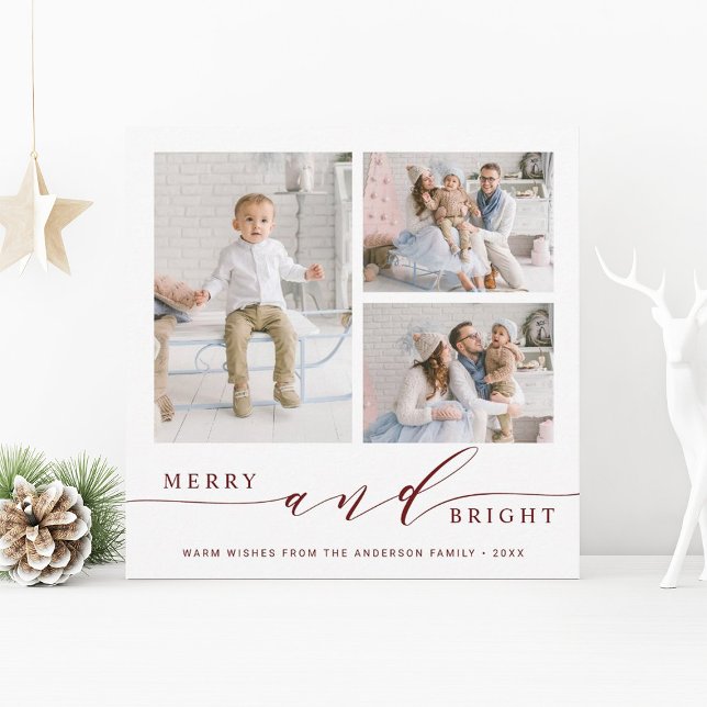 Cartes Pour Fêtes Annuelles Elégant rouge Merry & Bright 3 Carré photo (Créateur téléchargé)