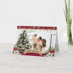 Cartes Pour Fêtes Annuelles Élégant rouge or houx poinsettia photo Noël