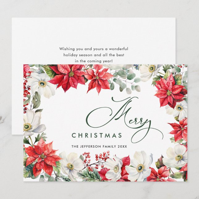 Cartes Pour Fêtes Annuelles Elégant Rouge Poinsettia Joyeux voeux de Noël (Devant / Derrière)