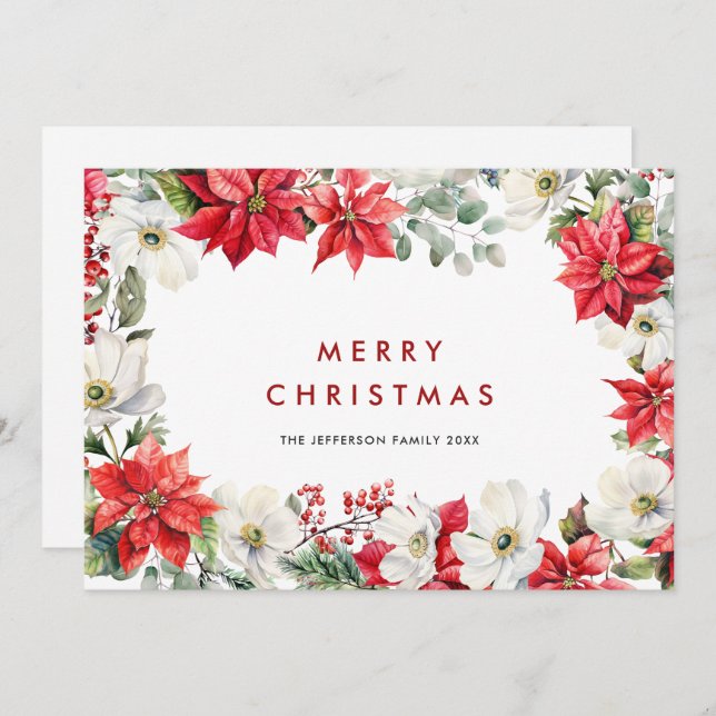 Cartes Pour Fêtes Annuelles Elégant Rouge Poinsettia Joyeux voeux de Noël (Devant / Derrière)