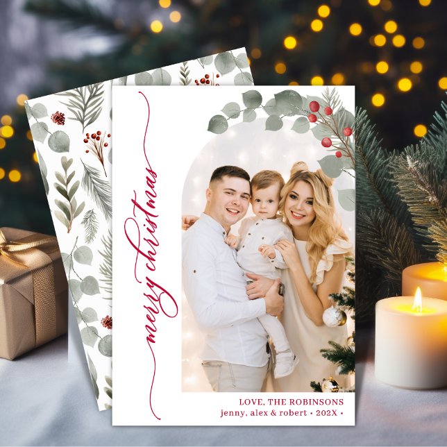 Cartes Pour Fêtes Annuelles Élégant Rouge Script Foliage Photo Arch Noël (Créateur téléchargé)
