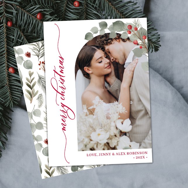 Cartes Pour Fêtes Annuelles Élégant Rouge Script Foliage Photo Arch Noël (Créateur téléchargé)