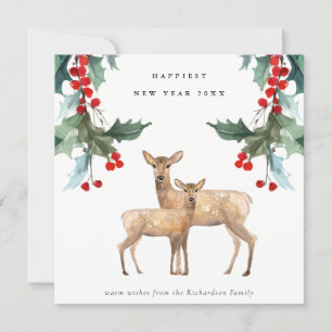CARTES POUR FÊTES ANNUELLES ÉLÉGANT ROUGE VERT HOLLY BERRY DEER DUO NOUVEL AN