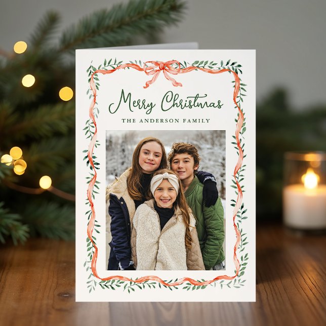 Cartes Pour Fêtes Annuelles Élégant ruban rouge et crème verte (Créateur téléchargé)