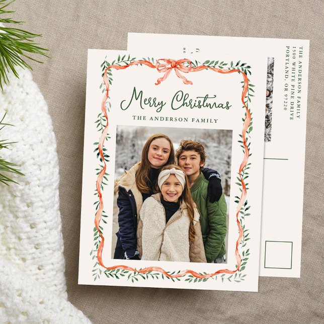 Cartes Pour Fêtes Annuelles Élégant ruban rouge et crème verte 2 Photo (Créateur téléchargé)