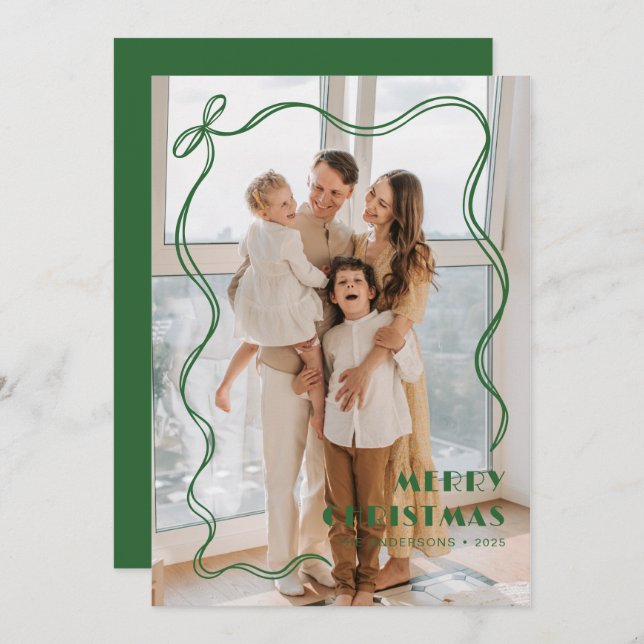 Cartes Pour Fêtes Annuelles Élégant ruban vert Famille Photo Joyeux Noël (Devant / Derrière)