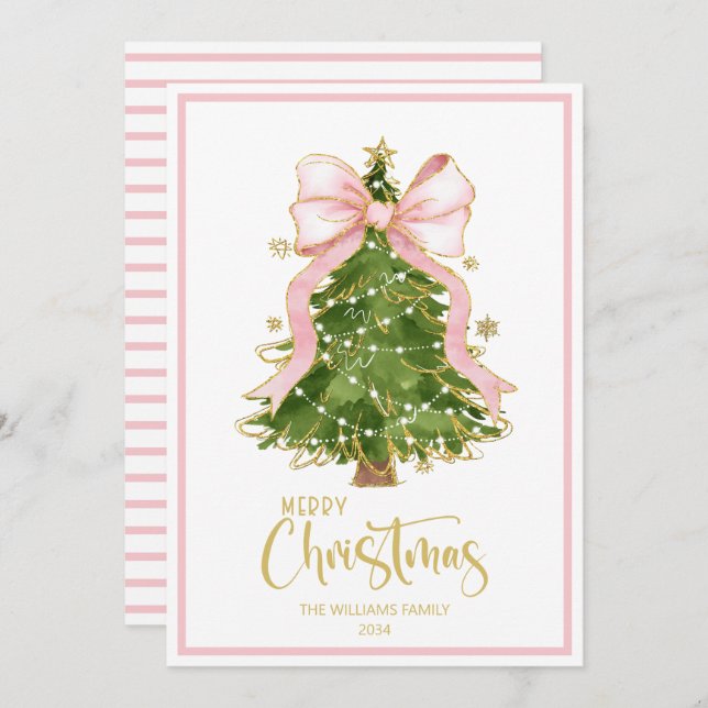 Cartes Pour Fêtes Annuelles Élégant Scipt Noël Arbre rose Bow (Devant / Derrière)