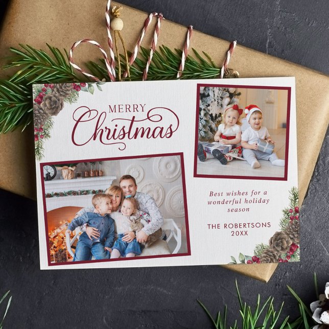 Cartes Pour Fêtes Annuelles Élégant Script 2 cônes de pin photo Joyeux Noël (Créateur téléchargé)