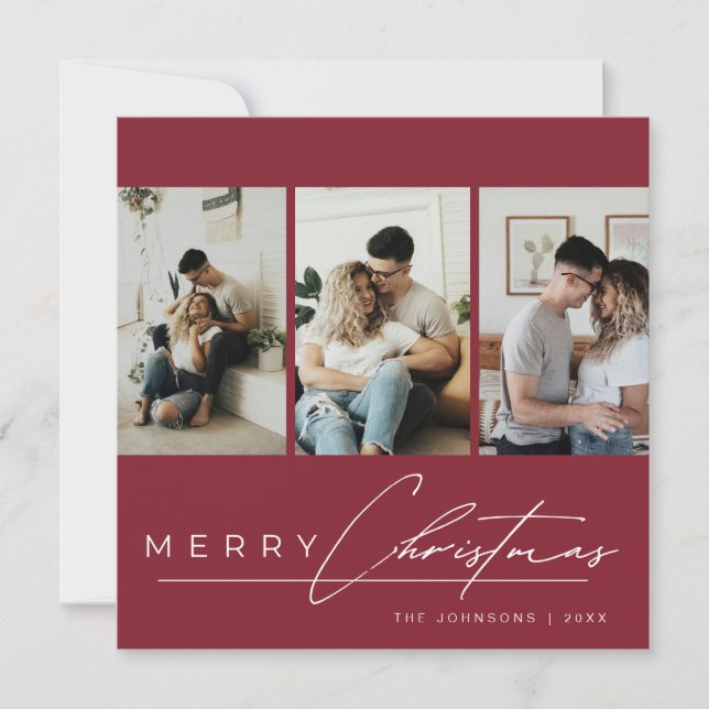 Cartes Pour Fêtes Annuelles Elegant Script 3 Photo Collage Red Merry Christmas (Devant)