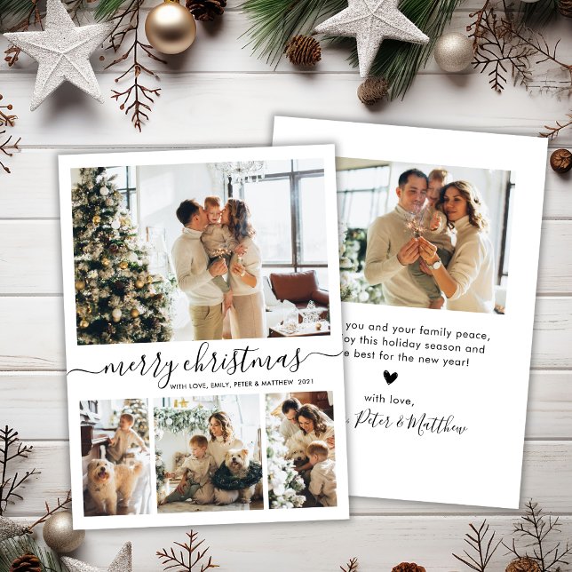 Cartes Pour Fêtes Annuelles Élégant Script 4 Photo Collage Noël (Créateur téléchargé)