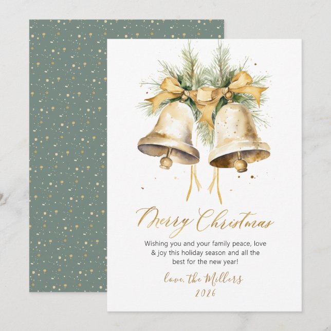 Cartes Pour Fêtes Annuelles Élégant Script Aquarelle Cloches de Noël (Devant / Derrière)