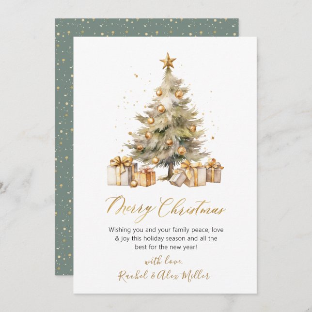 Cartes Pour Fêtes Annuelles Élégant Script Aquarelle Pine Arbre Noël (Devant / Derrière)