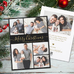 Cartes Pour Fêtes Annuelles Élégant Script Black Gold 5 Photo Noël<br><div class="desc">Simple Moderne Élégante Calligraphie Noir et Or 5 Photo Collage Joyeux Script de Noël Carte de vacances. Ce modèle festif, minimaliste, fantaisiste cinq (5) photo vacances carte de voeux avec une jolie grille photo collage et dit "Joyeux Noël"! Le texte de salutation "Joyeux Noël" est écrit dans une belle main...</div>