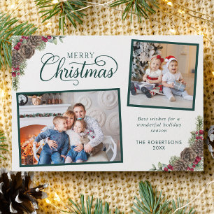 Cartes Pour Fêtes Annuelles Élégant Script Botanique 2 Photo Vert Noël