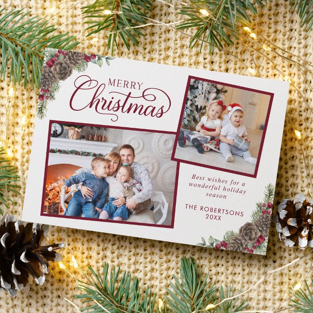 Cartes Pour Fêtes Annuelles Élégant Script Botanique Joyeux Noël 2 Photo (Créateur téléchargé)