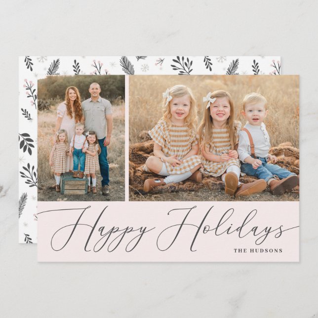 Cartes Pour Fêtes Annuelles Élégant Script Calligraphie Simple 2 Photo Holiday (Devant / Derrière)