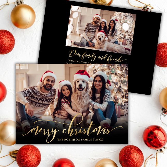 Cartes Pour Fêtes Annuelles Élégant Script Gold Script Black 2 Photo Noël (Créateur téléchargé)