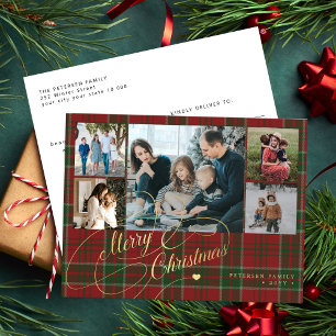 Cartes Pour Fêtes Annuelles Élégant script Joyeux Noël 5 photo rouge plaid
