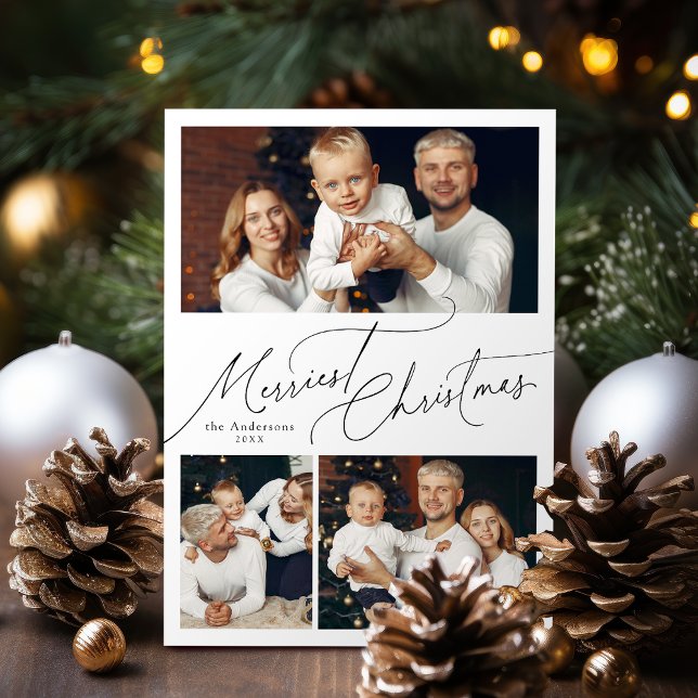 Cartes Pour Fêtes Annuelles Elegant Script Merry Christmas Family 3 Photo (Elegant Script Merry Christmas Family 3 Photo Holiday Card)