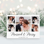 Cartes Pour Fêtes Annuelles Elegant Script Multi Photo Grid Married and Bright<br><div class="desc">This simple,  classic black and white holiday wedding announcement or Christmas newlywed greeting card features modern,  elegant script typography that says "married and merry",  with a multi photo grid of five photos on the front and one more on the back.</div>