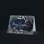 Cartes Pour Fêtes Annuelles Élégant Script Navy Blue Winter Foliing Noël<br><div class="desc">Une carte de Noël élégante avec une aquarelle feuillage d'hiver gris clair et bronzé contre un arrière - plan bleu marine foncé. Un à l'intérieur,  ajoutez votre propre message personnalisé ou utilisez celui montré.</div>