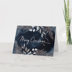 Cartes Pour Fêtes Annuelles Élégant Script Navy Blue Winter Foliing Noël