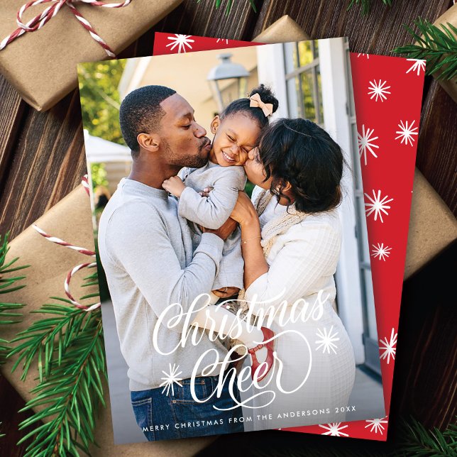 Cartes Pour Fêtes Annuelles Élégant Script Noël Cheer + Snowflakes Photo (Créateur téléchargé)