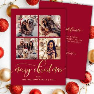 Cartes Pour Fêtes Annuelles Élégant Script Or 4 Collage Photo Rouge Noël 