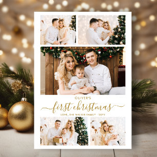 Cartes Pour Fêtes Annuelles Élégant Script Or Baby's First Noël 5 Photo