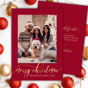 Cartes Pour Fêtes Annuelles Élégant Script Or Une Photo Rouge Noël 
