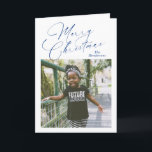 Cartes Pour Fêtes Annuelles Élégant script photo Joyeux Noël<br><div class="desc">Carte de Noël photo moderne avec un design simple et minimal avec "Joyeux Noël" dans un élégant script bleu marine avec votre nom de famille au-dessus de votre photo carré préférée. L'intérieur a un collage photo composé de trois images verticales avec votre message personnalisé.</div>