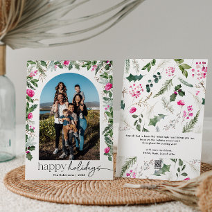 Cartes Pour Fêtes Annuelles Élégant Script Pink Green Foliage Arc 1 Photo