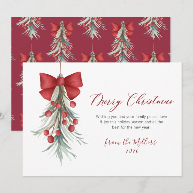 Cartes Pour Fêtes Annuelles Élégant Script Red Berries Verdure Noël (Devant / Derrière)