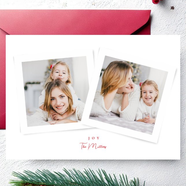 Cartes Pour Fêtes Annuelles Élégant script rouge & blanc JOY noël 3 photo (Créateur téléchargé)