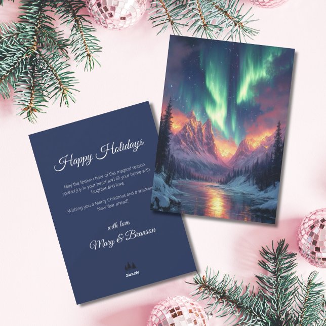 Cartes Pour Fêtes Annuelles Elegant Script Tree Non Photo Aurora Holiday (Northern Lights Holiday Christmas Card)