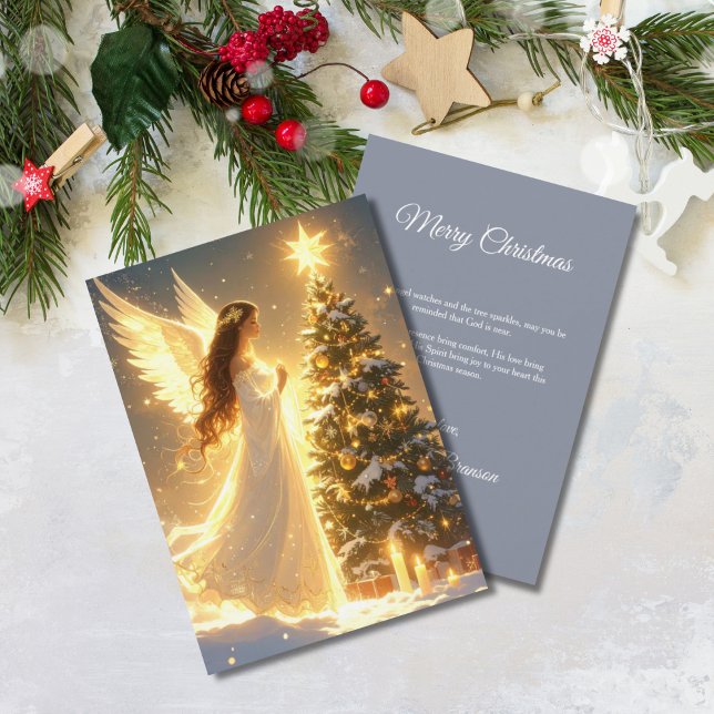 Cartes Pour Fêtes Annuelles Elegant Script Tree Non Photo Christian Angel  (Glowing Angel Christmas Tree Card)