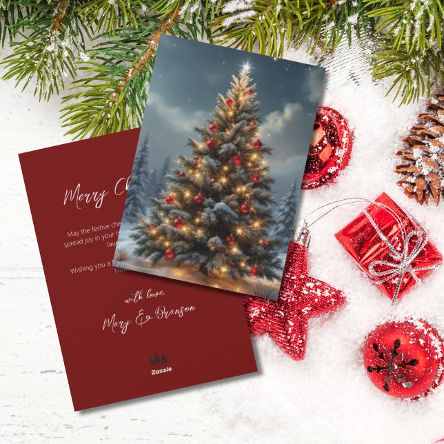 Cartes Pour Fêtes Annuelles Elegant Script Tree Non Photo Red Christmas (Winter Christmas Tree with Red Ornaments)