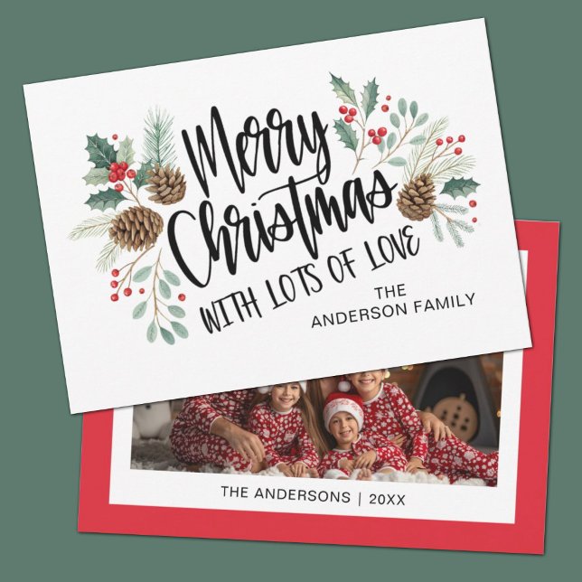 Cartes Pour Fêtes Annuelles Elegant Script Typography Floral Merry Christmas (An elegant script typography holly photo Christmas card.)