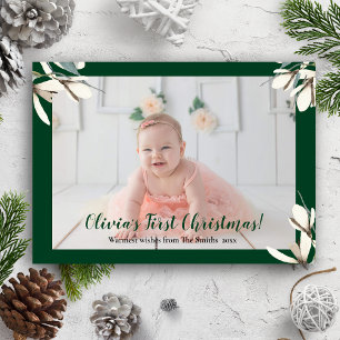 Cartes Pour Fêtes Annuelles Élégant Script vert Magnolia Baby First Christmas