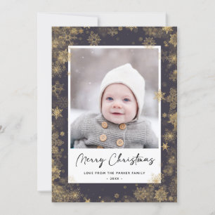 Cartes Pour Fêtes Annuelles Élégant script vert moderne Snowflakes Bokeh