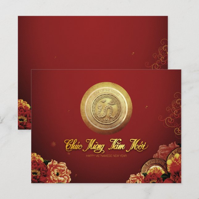 Cartes Pour Fêtes Annuelles Élégant serpent vietnamien Nouvel An 2025 pivoines (Devant / Derrière)
