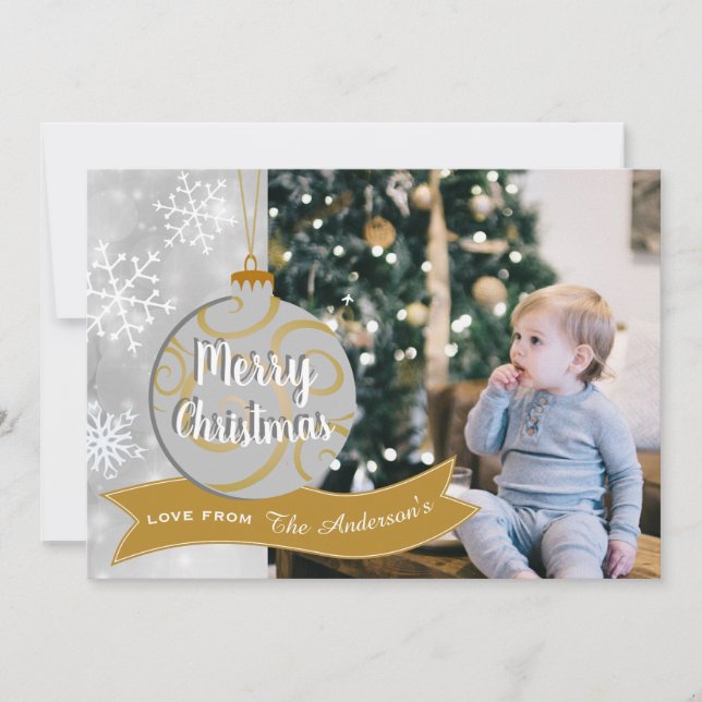 Cartes Pour Fêtes Annuelles Elégant Silver Grey Gold Bauble Photo Noël (Devant)