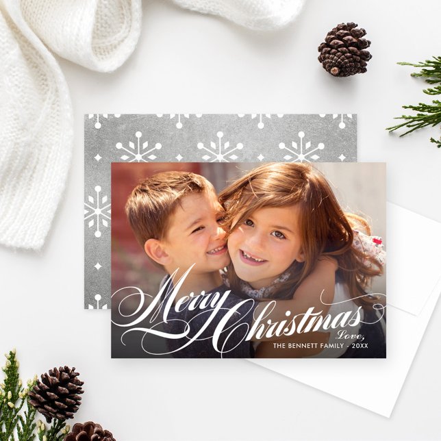Cartes Pour Fêtes Annuelles Élégant Silver Joyeux Noël Script Photo (Créateur téléchargé)