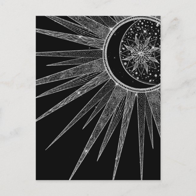 Cartes Pour Fêtes Annuelles Elégant Silver Sun Moon Mandala Black Design (Devant)