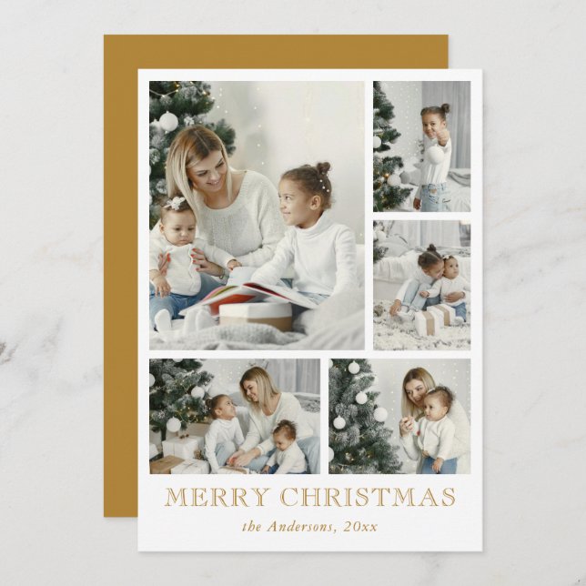 Cartes Pour Fêtes Annuelles Élégant simple collage photo Gold de Noël (Devant / Derrière)