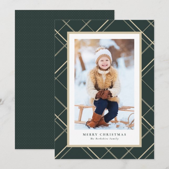 Cartes Pour Fêtes Annuelles Élégant simple plaid une photo vert Noël (Devant / Derrière)